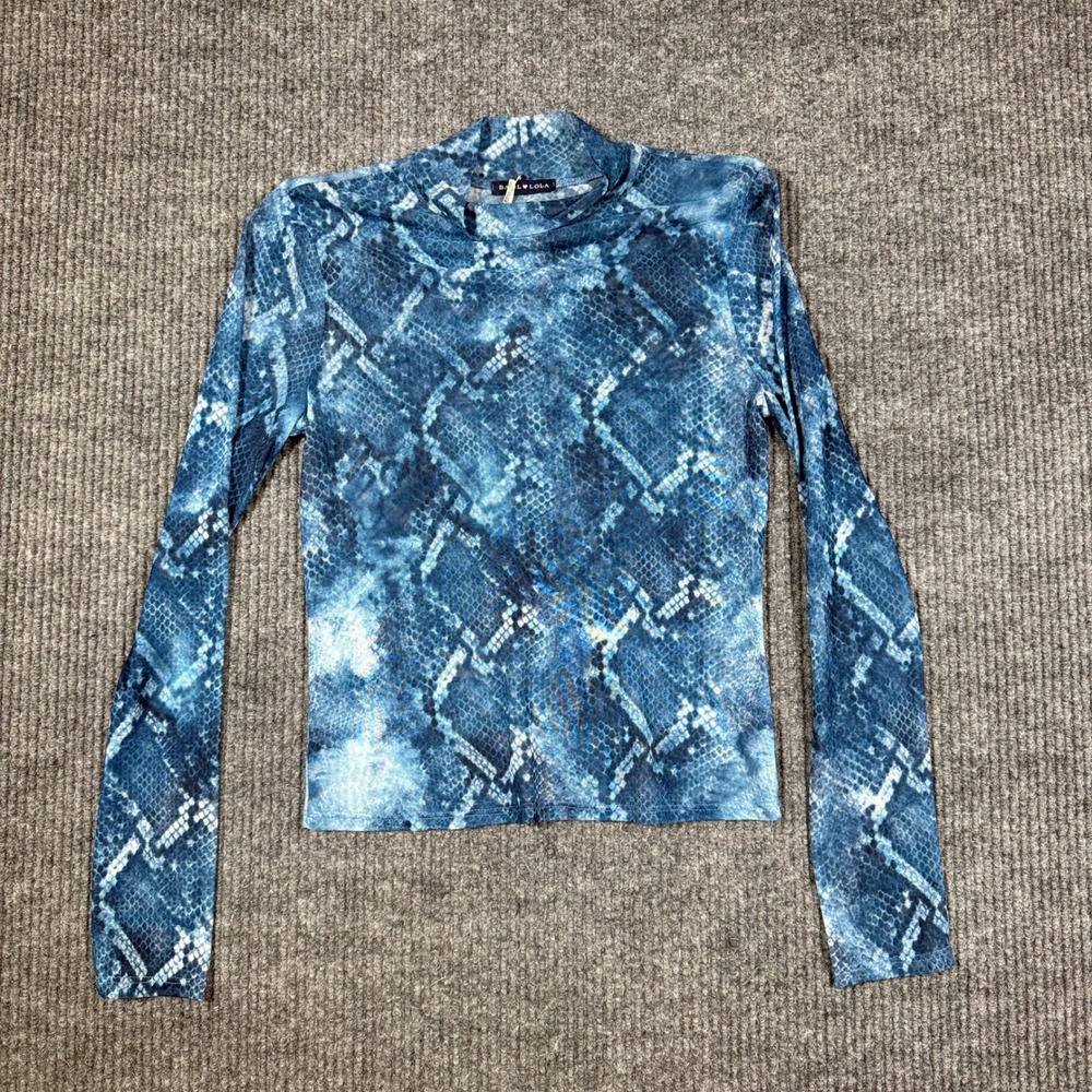 Basil Lola Womens Small Blue Snakeskin Print Sheer Mesh Mock Neck Y2K Top